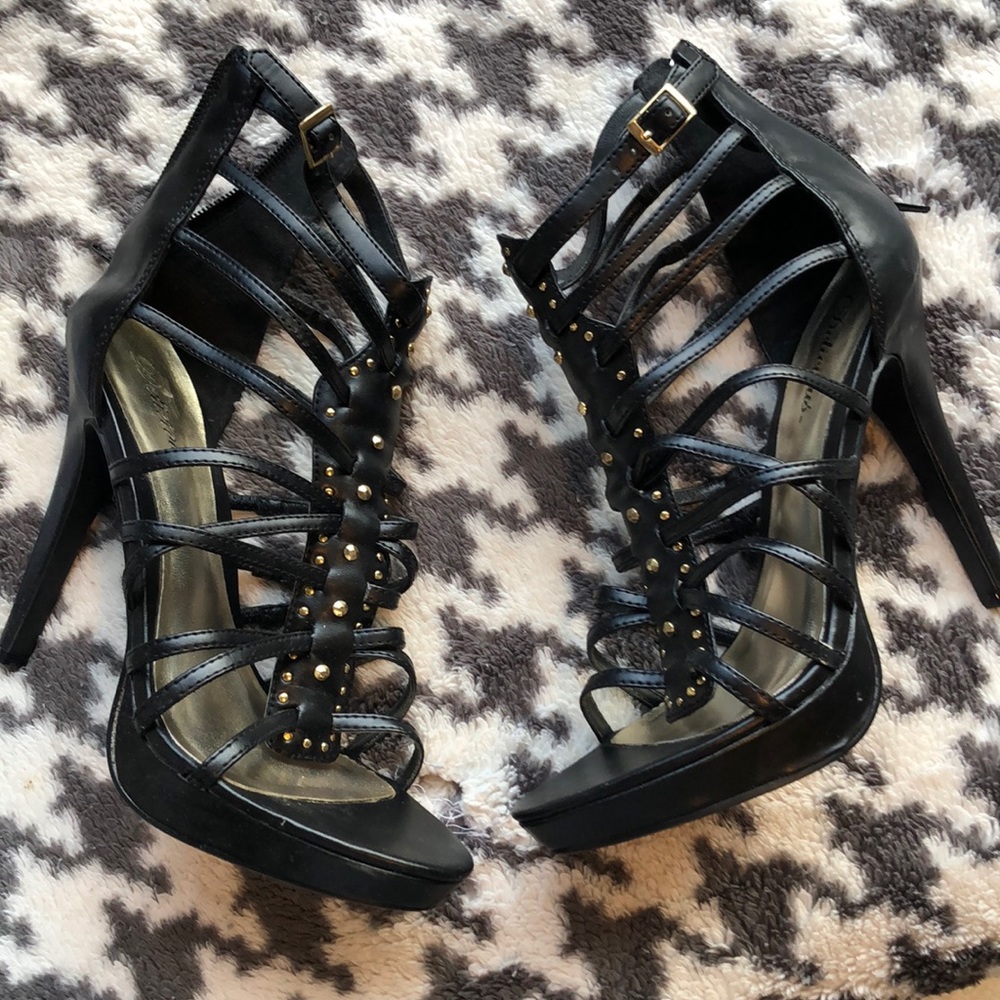 Black strappy zip up heels